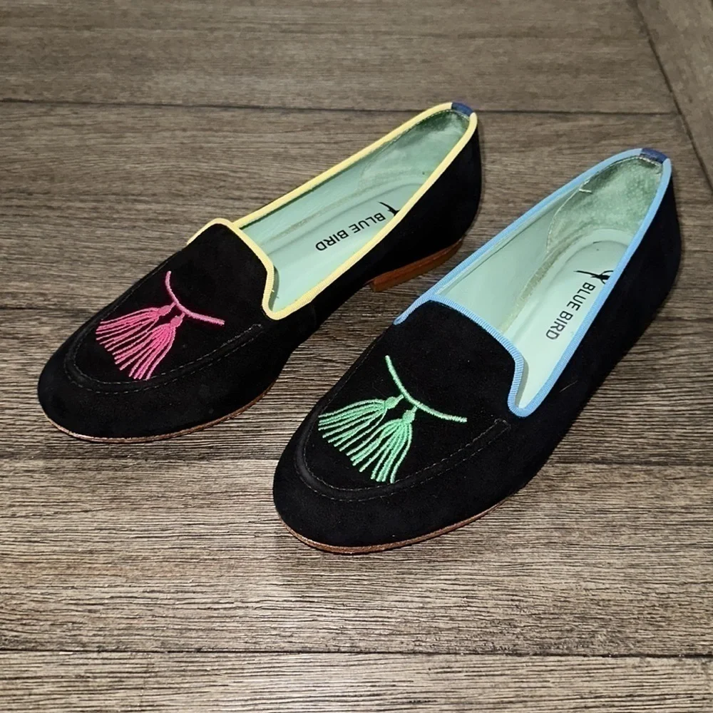 Blue Bird suede embroidered tassel loafers